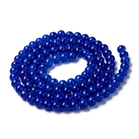<p>Стеклянные бусины с эффектом кракелюра. Гладкие шарики кракле (с трещинками внутри). Цвет ярко-синий. Оттенок может отличаться от фотографии и в разных поставках. Бусины окрашены сверху, покрытие может быть не очень стойким, возле отверстий бусины могут быть немного потёрты. Бусины могут незначительно отличаться по размеру и форме. Длина низки около 82 см, в низке около 106 бусин. Цена за одну низку.</p>