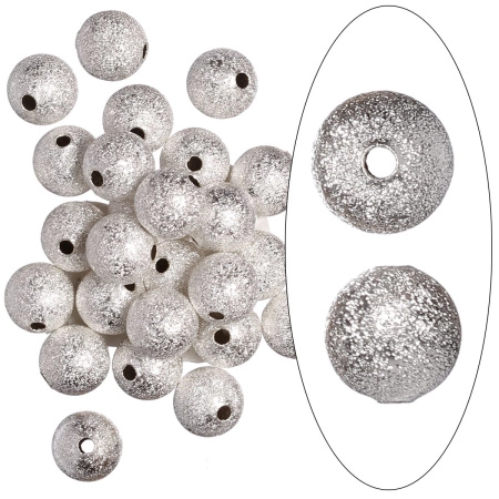 <p>Латунная бусина с покрытием звездная пыль (stardust) серебристого цвета. Также такие бусины называют "сахарный шарик" или "бусина с сахарным покрытием". Диаметр отверстия - около 1.3 мм. Оттенок может отличаться от фотографии и в разных поставках. Цена за 10 шт.</p>

<p>УЦЕНКА: наплывы металла, пятна, матовый либо желтоватый налёт на покрытии, вмятины и прочие неровности; отверстия бусины могут быть сделаны неаккуратно.</p>