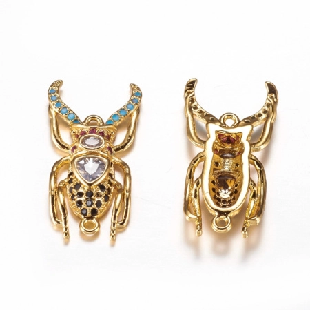 Коннектор, 23.5х12х4мм, Milano, насекомое, Жук-усач, с разноцветными фианитами, базовый материал - латунь, под золото, 1 шт.