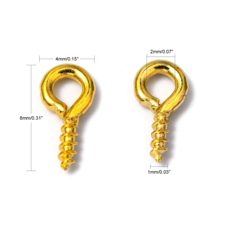 <p>Штифт вкручивающийся,покрытие золотого цвета. Общая длина 8.5 мм, диаметр петельки 4 мм, внутренний диаметр петельки 2 мм, толщина вкручиваемой части 1 мм. Оттенок может отличаться от фотографии и в разных поставках. Цена за 5 грамм (около 62 штук, фасуются без проверки на дефекты).</p>