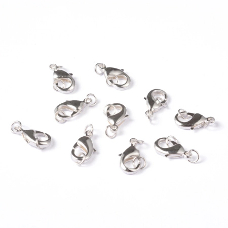 Застежка, 15х9мм, карабин с соединительными колечками, базовый материал - латунь, серебристый, 2 шт. <p>Замочек - карабин серебристого цвета. Оттенок может отличаться от фотографии. В комплекте два неразъемных соединительных колечка. На покрытии возможны небольшие потертости и пятнышки. Цена за 2 шт.</p>