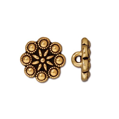 Пуговица, 12х5.5мм, TierraCast, на ножке, Чешская розетта, базовый материал - оловянный сплав, позолоченная с чернением, 1 шт.