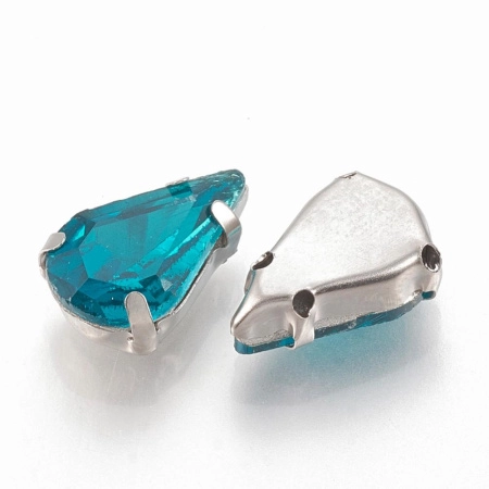 Страз стеклянный в оправе, 13х8мм, пришивной, форма удлиненная капля, голубой, оправа стального цвета, 5 грамм