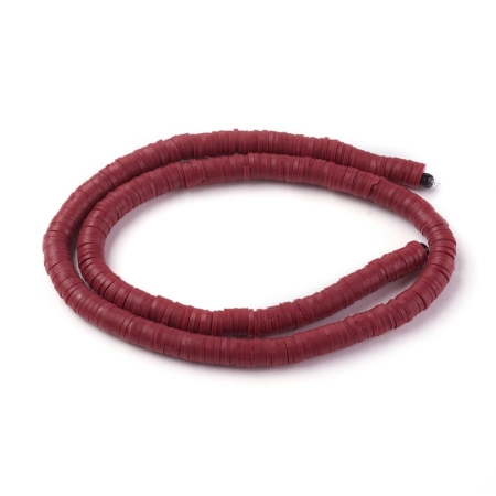 <p>Плоские круглые бусины - чипсы (диски, рондели heishi) ручной работы из полимерной глины (пластики). Бусины могут немного отличаться по форме и размеру. Оттенок может отличаться от фотографии. Цвет: приглушенный вишнево-красный. Бусины довольно мягкие, гибкие, напоминают каучук/резину. Цена за низку длиной около 43 см, около 350-400 бусин.</p>