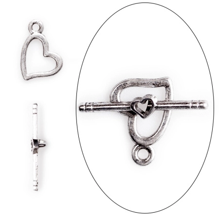 Застежка, 20х13мм, тогл, сердце, базовый материал - оловянный сплав, стиль тибетское серебро, 1 шт.