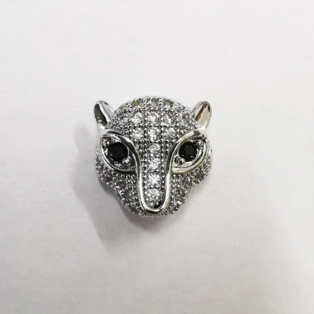 Бусина металлическая, 11х11х6.5мм, Milano, Леопард с черными глазами, с фианитами, базовый материал - латунь, под родий, 1 шт.