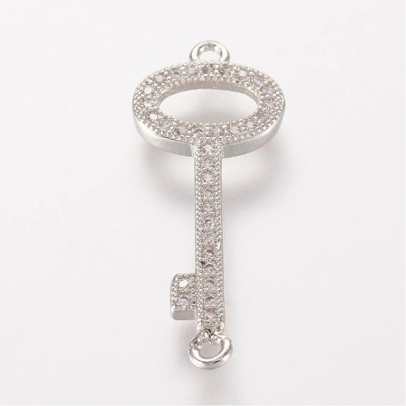 Коннектор, 26х10.5мм, Milano, Ключик, с фианитами, базовый материал - латунь, под родий, 1 шт.