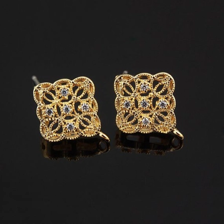 Пусеты, 14х11.5мм, Корея, Ажурный ромб с фианитами, с петелькой, с застежками, базовый материал - серебро/латунь, позолоченные, пара