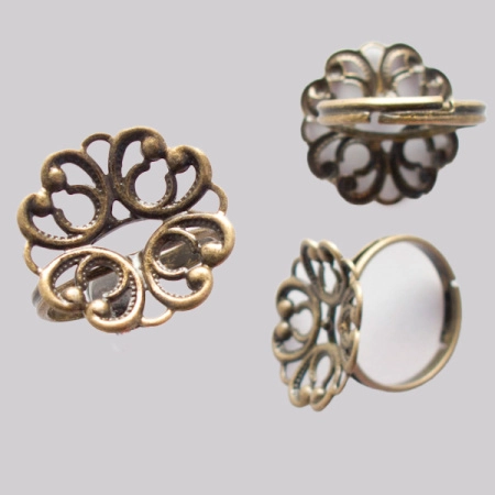 Основа для кольца, регулируемого размера, 20мм, с ажурной платформой, базовый материал - латунь, бронзовая, 5 шт.