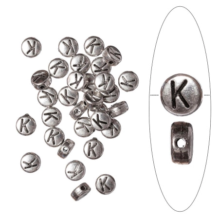 Бусина металлическая, 7х4мм, буква K, базовый материал - цинковый сплав, серебристая с чернением, 10 шт.