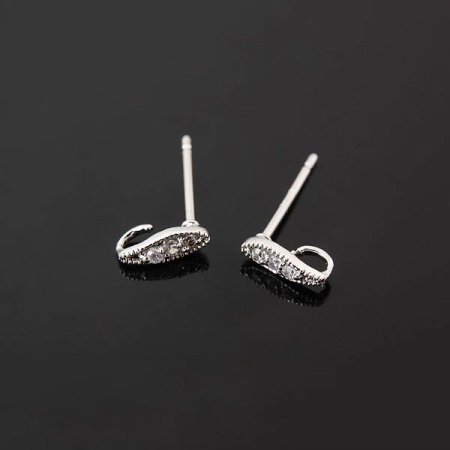 Пусеты, 7х2.5мм, Корея, Маленький листик с фианитами, со скрытой петелькой, с застежками, базовый материал - серебро/латунь, под родий, пара