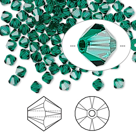 Бусина Swarovski, 4мм, Биконус (#5328), изумрудный (цвет 205), 10 шт.