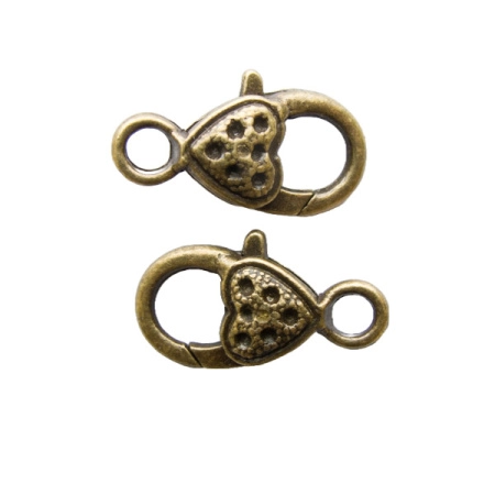Застежка, 26х13мм, карабин, сердечко со слотами для стразов, базовый материал - цинковый сплав, бронзовое, 2 шт.