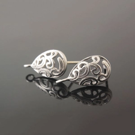 Пусеты, 13х7мм, Корея, Ажурная капля с петелькой, с застежками, базовый материал - серебро/латунь, матовый родий, пара