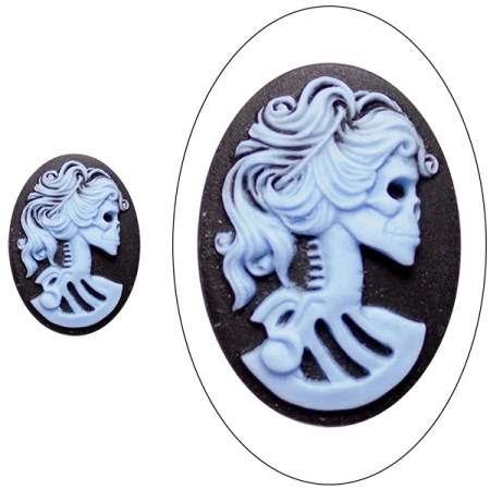 Камея акриловая, 25х18мм, девушка-скелет, голубая на черном, 1 шт., УЦЕНКА