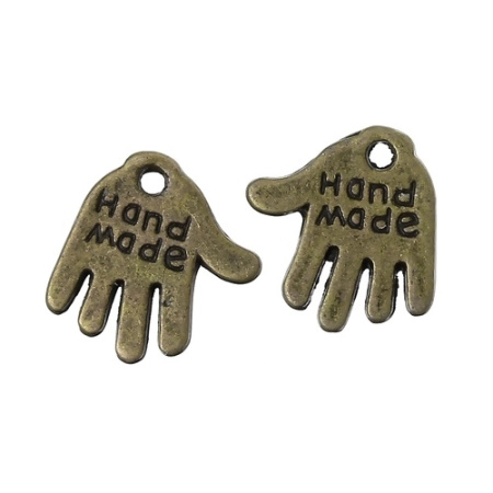 Подвеска, 13х12мм, ладошка hand made, базовый материал - цинковый сплав, бронзовая, 1 шт.