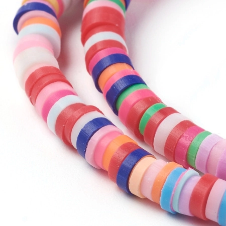 <p>
 Плоские круглые бусины - чипсы (диски, рондели heishi) ручной работы из полимерной глины (пластики). Бусины могут немного отличаться по форме и размеру. Оттенок может отличаться от фотографии. Цвет: микс цветов в ярких тонах, в низке могут попадаться цвета, не представленные на фотографии. Бусины довольно мягкие, гибкие, напоминают каучук. Цена за низку длиной около 43 см, около 350-400 бусин.
</p>