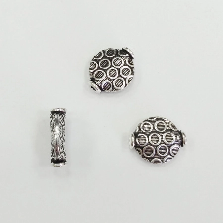 Бусина металлическая, 13х11х4мм, Индия, плоский круг в горошек, базовый материал - латунь, посеребренный с чернением, 5 шт.