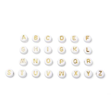 <p>Бюджетные плоские бусины из акрила белого цвета с золотистыми буквами. Круглые бусины-подушечки 7*4 мм, диаметр отверстия - около 1.1 мм. Оттенок может отличаться от фотографии и в разных поставках. Цена за набор из 10 грамм (около 75-80 случайных букв английского алфавита, фасуются без проверки на дефекты и подбора букв).</p>