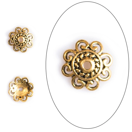 Шапочка для бусин (обниматель), 14х3мм, фантазийный цветок, базовый материал - цинковый сплав, золотистый с чернением, 10 грамм