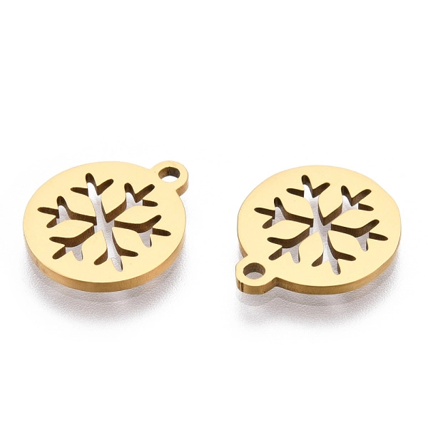 <p>Небольшая двусторонняя подвеска - плоский круг с изображением снежинки. Подвеска резная, сделана из нержавеющей гипоаллергенной стали марки 304 с гальваническим напылением золотом (позолота 18К). Оттенок может отличаться от фотографии и в разных поставках. Цена за 2 шт.</p>