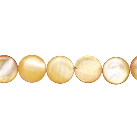 Бусина перламутр, 14х3мм, плоский круг, желтый, 27 шт., низка