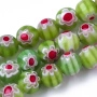 <p>Круглые стеклянные бусин ручной работы, выполненные в технике миллефиори (миллифьори, венецианская техника). Зелёные бусины с бело-красными цветочками. Оттенок может отличаться от фотографии и в разных поставках. Цена за низку, около 46 бусин (низки формируются без проверки каждой бусины на дефекты).
</p>