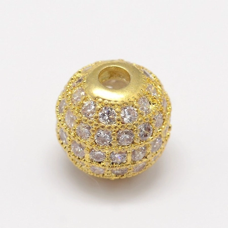 Бусина металлическая, 8мм, Milano, Шарик с кристально-прозрачными фианитами, базовый материал - латунь, под золото, 1 шт.
