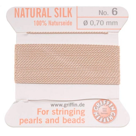 <p>Прочная нить из высококачественного натурального 100% шелка, произведена компанией Griffin (Германия). К нити прикреплена проволочная иголочка. Идеально подходит для использования с жемчугом и натуральными камнями. Толщина около 0,7 мм. Оттенок может отличаться от фотографии и в разных поставках. Цена за моток 2 метра.</p>