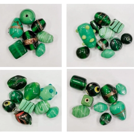 Бусины лэмпворк, 7х4мм - 14х11мм, микс, зеленые, 15 грамм