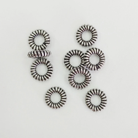 Бусина металлическая, 7.5х2мм, Индия, рондель узкая, с насечками, базовый материал - латунь, посеребренная с чернением, 20 шт.