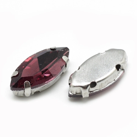 Стразы стеклянные в оправе, 12х6мм, пришивной, форма челнок, аметистово-розовый, оправа стального цвета, 5 грамм