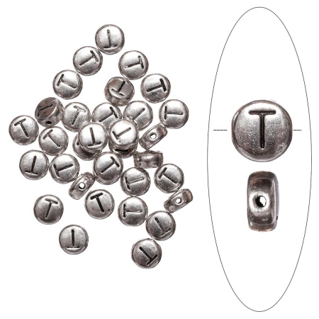 Бусина металлическая, 7х4мм, буква T, базовый материал - цинковый сплав, серебристая с чернением, 10 шт.