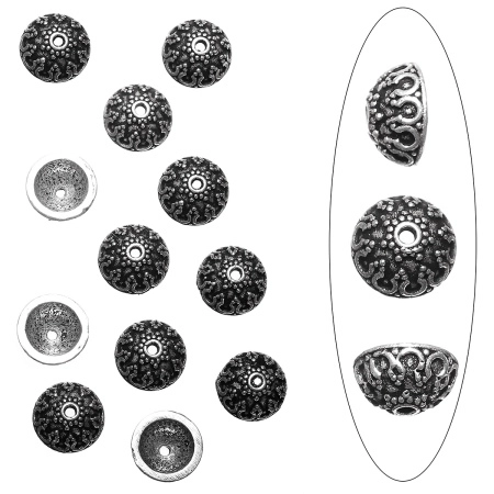 Шапочка для бусин (обниматель), 10х5мм, Индия, восточная филигрань, базовый материал - латунь, посеребренный с чернением, 1 шт.