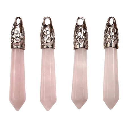 Подвеска каменная, 65х13мм, в форме кристалла, базовый материал - камень, розовый кварц с резным держателем стального цвета, 1 шт.