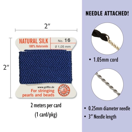 <p>Очень толстая и прочная нить из высококачественного натурального 100% шелка, произведена компанией Griffin (Германия). К нити прикреплена проволочная иголочка. Идеально подходит для использования с жемчугом и натуральными камнями. Толщина около 1,05 мм. Цена за моток 2 метра.</p>