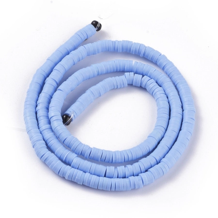 <p>Плоские круглые бусины - чипсы (диски, рондели heishi) ручной работы из полимерной глины (пластики). Бусины могут немного отличаться по форме и размеру. Оттенок может отличаться от фотографии. Цвет: сиреневато-голубой. Бусины довольно мягкие, гибкие, напоминают каучук. Цена за низку длиной около 43 см, около 350-400 бусин.</p>