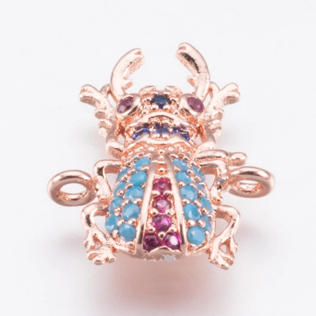 Коннектор, 17х13.5х3мм, Milano, насекомое, Жук-олень, с разноцветными фианитами, базовый материал - латунь, под розовое золото, 1 шт.