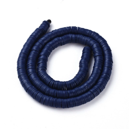 <p>Плоские круглые бусины - чипсы (диски, рондели heishi) ручной работы из полимерной глины (пластики). Бусины могут немного отличаться по форме и размеру. Оттенок может отличаться от фотографии. Цвет: темно-синий, могут быть более матовые, чем на фотографии. Бусины довольно мягкие, гибкие, напоминают каучук (иногда их называют резиновые). Цена за низку длиной около 43 см, около 350-400 бусин.</p>