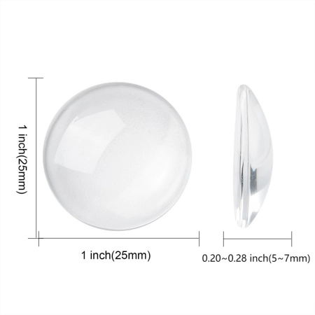 <p>
 Круглый стеклянный прозрачный кабошон, толщина 5-8 мм. Диаметр примерно 24,7 мм. Хорошо смотрится в рамке с подложенной под него картинкой или фотографией. На кабошонах возможны небольшие царапинки. Цена за упаковку 40-50 грамм в зависимости от толщины кабошонов (около 10 штук, фасуются без проверки на дефекты).
</p>