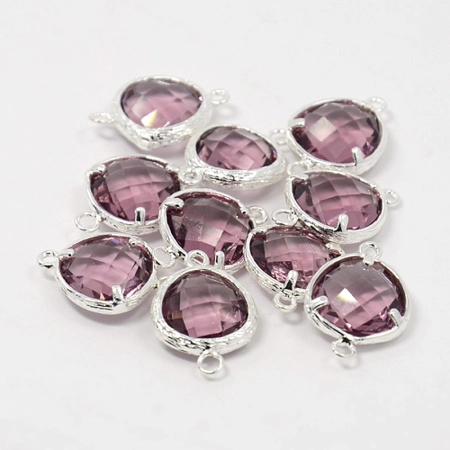 Коннектор, 18х13х6мм, триллиант Александрит (стекло), базовый материал - латунь, посеребренный, 1 шт.