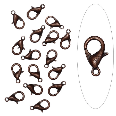 Застежка, 12х7мм, карабин, базовый материал - цинковый сплав, темная медь, 5 грамм