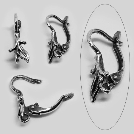 Швензы закрытые, 21х8мм, с английским замком, Листик, базовый материал - латунь, посеребренные с чернением, пара