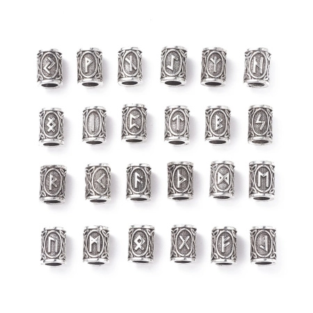 <p>Металлические бусины - трубочки с изображением скандинавских рун. В комплекте 24 уникальных бусины, полный Старший футарк. Сделаны из металлического сплава с покрытием под серебро с чернением. Отверстие около 5.5 мм. Оттенок может отличаться от фотографии и в разных поставках. Цена за 1 набор.</p>