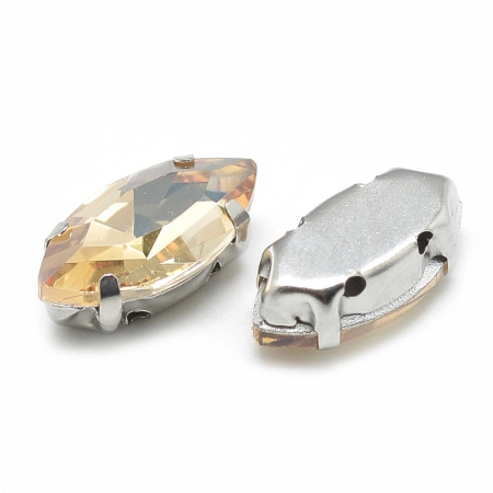 Стразы стеклянные в оправе, 12х6мм, пришивной, форма челнок, кремовый, оправа стального цвета, 5 грамм
