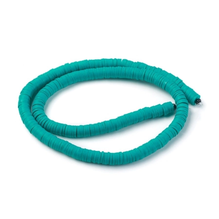 <p>Плоские круглые бусины - чипсы (диски, рондели heishi) ручной работы из полимерной глины (пластики). Бусины могут немного отличаться по форме и размеру. Оттенок может отличаться от фотографии. Цвет: темный зеленовато-голубой. Бусины довольно мягкие, гибкие, напоминают каучук или резину. Цена за низку длиной около 43 см, около 350-400 бусин.</p>