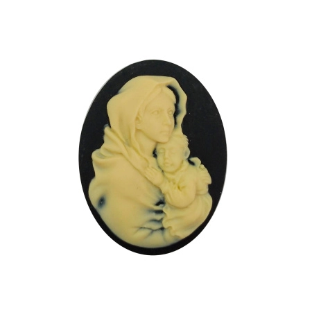Камея акриловая, 40х30мм, дева Мария с младенцем, слоновая кость на черном, 1 шт. УЦЕНКА