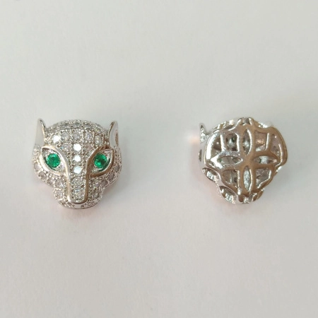 Бусина металлическая, 11х11х6.5мм, Milano, Леопард с зелеными глазами, с фианитами, базовый материал - латунь, под родий, 1 шт.