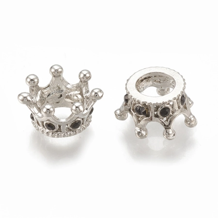 Бусина металлическая, 11х7мм, Корона, базовый материал - латунь, с черными стразами, под родий, 2 шт.