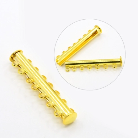 Застежка, 40х10мм, магнитная трубочка-слайдер на семь нитей, базовый материал - латунь, золотистая, 1 шт.